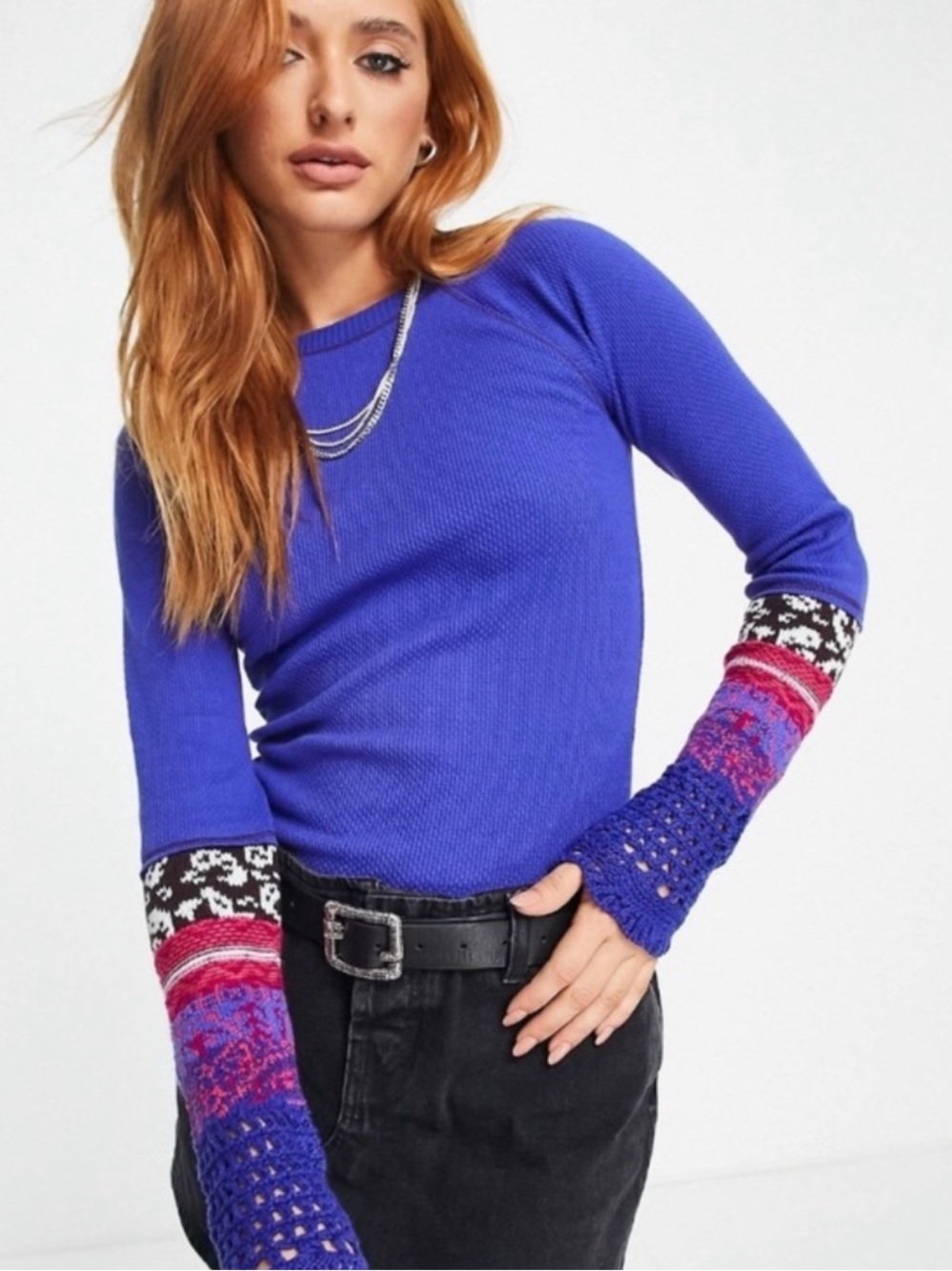 Free People Thermal Shirt Large Waffle Knit Colorful Crochet Sleeves Blue
